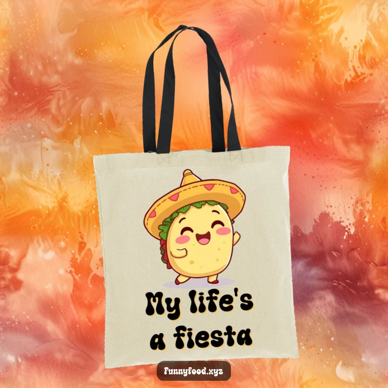 Funny tote bag featuring a shimmying taco with a sombrero, perfect for carrying essentials with a festive and humorous flair.