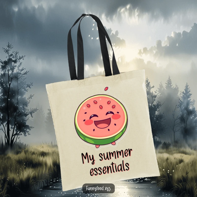 Funny Laughing Watermelon Tote Bag: A happy slice of watermelon laughs with seeds popping out, a funny and practical tote.