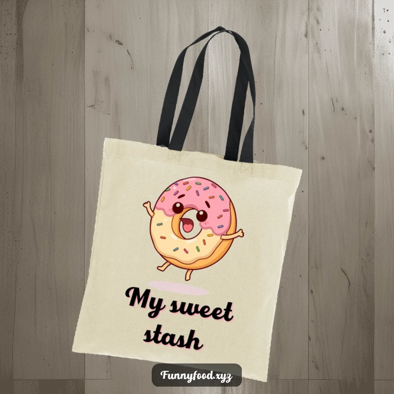 Funny tote bag with a surprised donut adorned with sprinkles, caught in a joyful jumping motion.